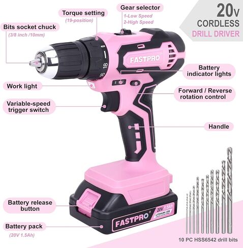 FASTPRO 177-Piece 20V Pink Cordless Lithium-ion Drill Driver and Home Tool Set, Lady's Home Repairing Tool Kit with Drill in Tool Storage Case in Saudi Arabia