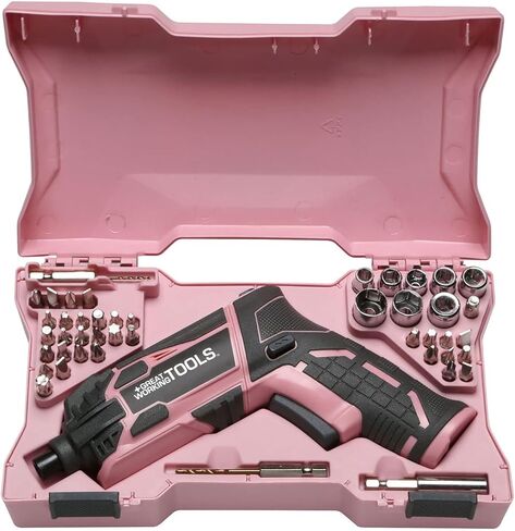 أدوات عمل رائعة، مجموعة مفكات براغي كهربائية لاسلكية مع علبة قابلة لإعادة الشحن، بطارية ليثيوم أيون 4 فولت، مجموعة 45 قطعة، وردي in Kuwait