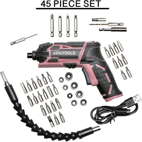 أدوات عمل رائعة، مجموعة مفكات براغي كهربائية لاسلكية مع علبة قابلة لإعادة الشحن، بطارية ليثيوم أيون 4 فولت، مجموعة 45 قطعة، وردي in Kuwait