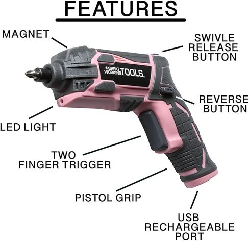 أدوات عمل رائعة، مجموعة مفكات براغي كهربائية لاسلكية مع علبة قابلة لإعادة الشحن، بطارية ليثيوم أيون 4 فولت، مجموعة 45 قطعة، وردي in Kuwait