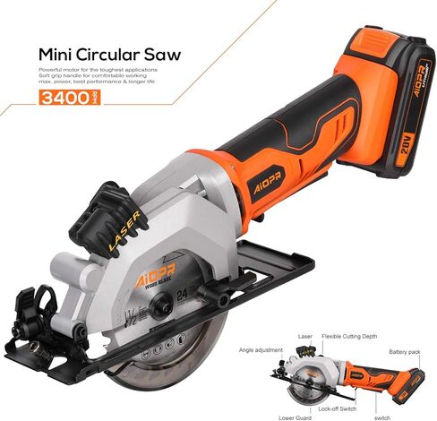 AIOPR 20V 4-1/2" Cordless Mini Circular Saw with Laser Guide, Rip Guide, Vacuum Adapter and 2 Blades (97630L) in Kuwait