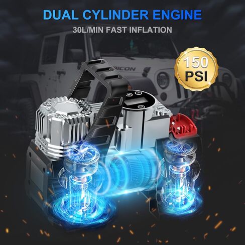 ضاغط هواء محمول منفاخ الإطارات، Yyton 150PSI 12V DC مضخة هواء معدنية ذات أسطوانات مزدوجة مع مقياس رقمي/أضواء LED/إيقاف تلقائي للسيارة وسيارات الدفع الرباعي والطرق الوعرة والشاحنات والدراجة والمرتبة الهوائية in Kuwait