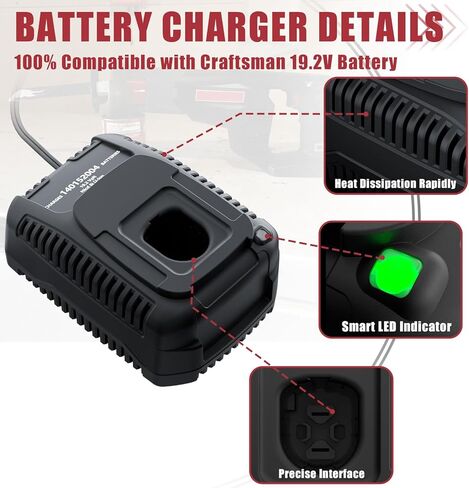 بديل 7.0 أمبير لبطارية Craftsman 19.2 فولت، متوافق مع مجموعة بطارية وشاحن Craftsman 19.2 فولت C3 1323903 130279005 130211004 11045 315.115410 مع شاحن بطارية 19.2 فولت (عبوتان) in Kuwait