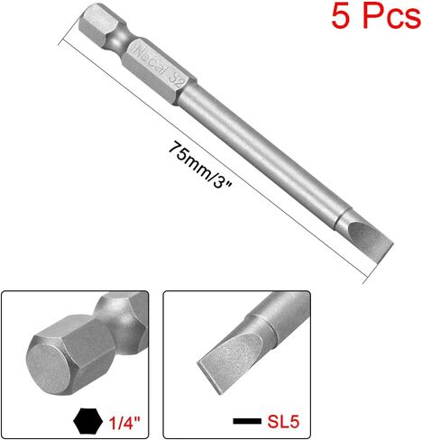 uxcell 5 Pcs 3mm Slotted Tip Magnetic Flat Head Screwdriver Bits, 1/4 Inch Hex Shank 3-inch Length S2 Power Tool in Saudi Arabia