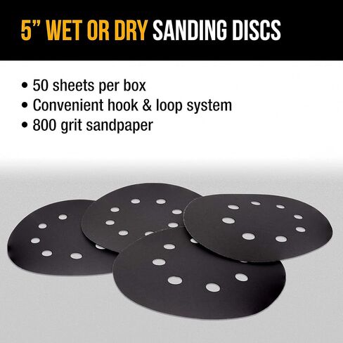 Dura-Gold Premium 5" 8-Hole Wet or Dry Sanding Discs - 800 Grit, Box of 50 - High-Performance Sandpaper Discs with Hook & Loop Backing, Fast Cutting Silicon Carbide, Color Sanding, Car Auto Polishing in Kuwait