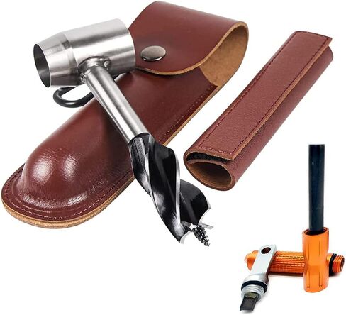 Bushcraft Gear for Survival Settlers Bushscraft Hand Auger Wrench with Flint Scotch Eye Wood Drill Peg and Manual Hole Maker Multitool with leather Case Camping brown in Kuwait