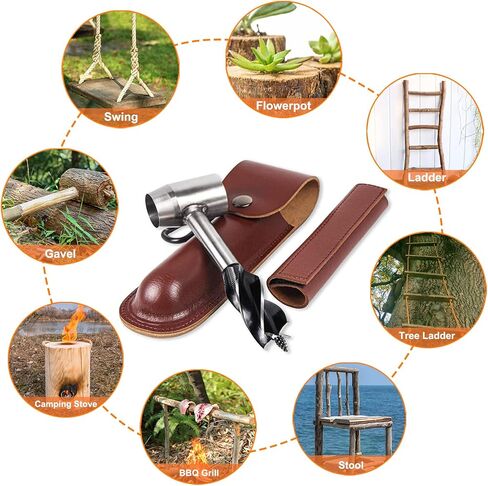 Bushcraft Gear for Survival Settlers Bushscraft Hand Auger Wrench with Flint Scotch Eye Wood Drill Peg and Manual Hole Maker Multitool with leather Case Camping brown in Kuwait