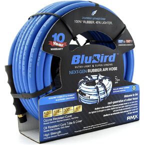 BLUBIRD BB1450 1/4" x 50' خرطوم هواء مطاطي، 100% مطاط، الأخف والأقوى والأكثر مرونة، 300 رطل لكل بوصة مربعة، 50F إلى 190F درجة، مقاوم للأوزون، بوليستر مضفر عالي القوة in Kuwait