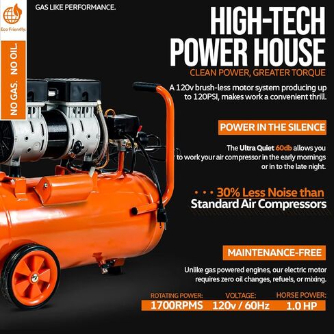 ضاغط هواء فائق الاستخدام بسعة 6.3 جالون، يملأ الخزان في 150 ثانية بحد أقصى 120 رطل لكل بوصة مربعة، هادئ للغاية، خالي من الزيت، مقياس ضغط ميكانيكي، خزان فولاذي عالي التحمل لإصلاح الإطارات، البناء، مسدس الأظافر، أدوات هوائية in Kuwait