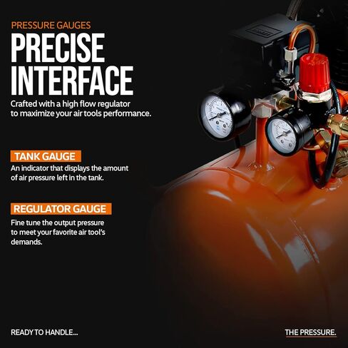 ضاغط هواء فائق الاستخدام بسعة 6.3 جالون، يملأ الخزان في 150 ثانية بحد أقصى 120 رطل لكل بوصة مربعة، هادئ للغاية، خالي من الزيت، مقياس ضغط ميكانيكي، خزان فولاذي عالي التحمل لإصلاح الإطارات، البناء، مسدس الأظافر، أدوات هوائية in Kuwait