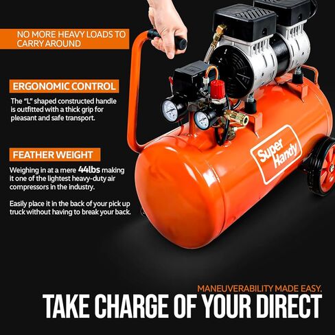 ضاغط هواء فائق الاستخدام بسعة 6.3 جالون، يملأ الخزان في 150 ثانية بحد أقصى 120 رطل لكل بوصة مربعة، هادئ للغاية، خالي من الزيت، مقياس ضغط ميكانيكي، خزان فولاذي عالي التحمل لإصلاح الإطارات، البناء، مسدس الأظافر، أدوات هوائية in Kuwait