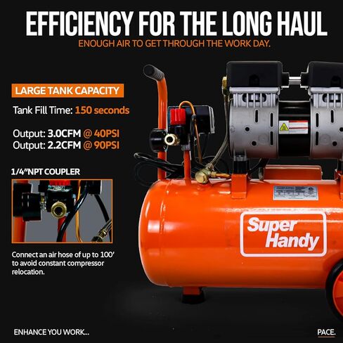 ضاغط هواء فائق الاستخدام بسعة 6.3 جالون، يملأ الخزان في 150 ثانية بحد أقصى 120 رطل لكل بوصة مربعة، هادئ للغاية، خالي من الزيت، مقياس ضغط ميكانيكي، خزان فولاذي عالي التحمل لإصلاح الإطارات، البناء، مسدس الأظافر، أدوات هوائية in Kuwait