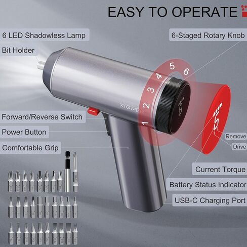 3.6V/4V Power Electric Screwdriver Kit 29pcs Bits, 6N.m Cordless Screwdriver Set, Rechargeable Battery 2000mah, All-in-One Design with Screen/6 Torque/6 Led Lights/USB-C Charging in Saudi Arabia