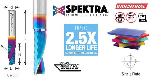 أداة Amana Tool 57361-K Spektra مطلية بـ SC حلزوني O فلوت مفرد محسّن بلمسة نهائية من البلاستيك قطع 1/8 D × 3/4 CH × 1/4 SHK × 2-1/2 بوصة طويلة لقمة توجيه CNC مع لمسة نهائية مرآة in Kuwait