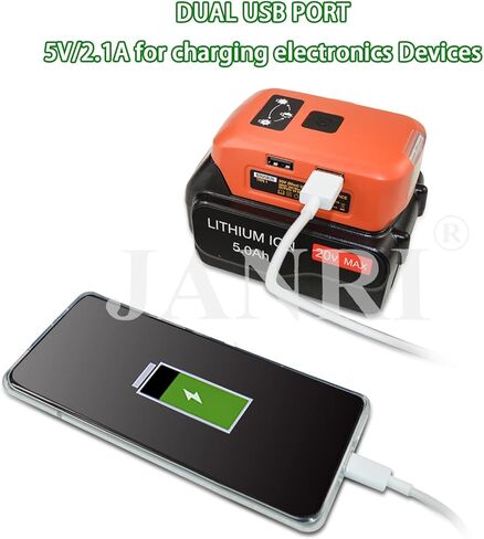 POWRE Source Adapter Converter for 18V Black+Decker Lithium ion BL1514-XJ BL1518-XJ BL2018-XJ BL4018-XJ BL2518-XJ BL2018 BL3018 BL4018 Battery,Dual USB Phone Charger,DC Port Cordless Flashlight in Kuwait