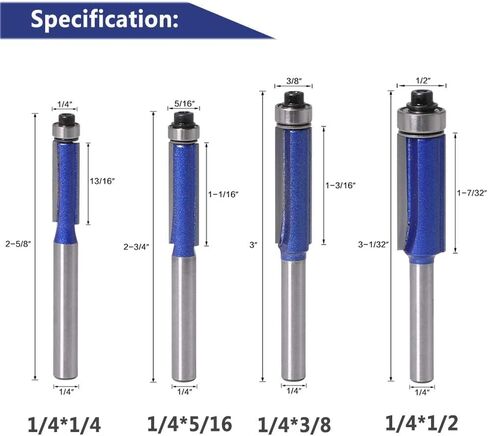 4Pcs Flush Trim Router Bit Set, 1/4 Inch Shank Top Bearing Flush Trim Router Bit,1/4" 5/16" 3/8" 1/2" Cutting Diameter for Woodworking in Saudi Arabia
