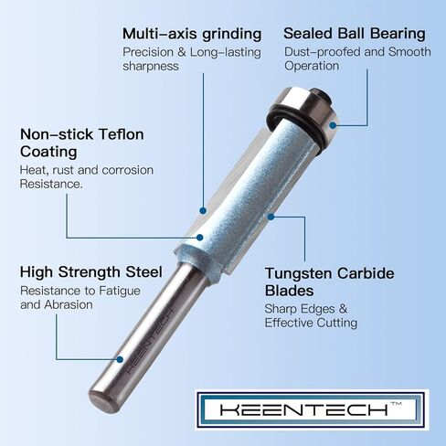 رؤوس توجيه من KEENTECH مع ساق 1/4 بوصة، وقطر قطع 1/2 بوصة، وعمق قطع 1 بوصة، وقطعة تشذيب مائلة من درجة كربيد C4 للمبتدئين والخبراء في الأعمال الخشبية، أزرق (KT02011201) in Kuwait