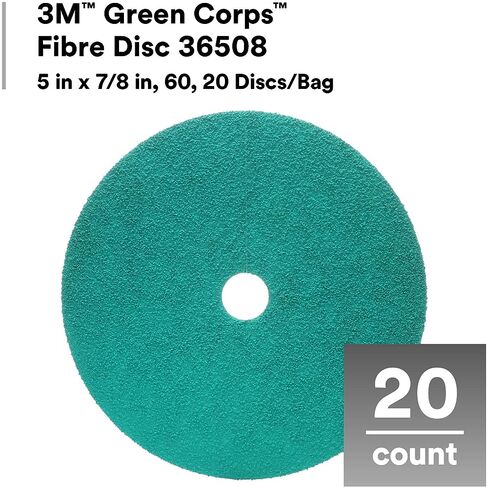 قرص ألياف 3M Green Corps 36507، 5 بوصة × 7/8 بوصة، 40+ حبيبة، 20 حزمة، قرص كشط سيراميك، رابطة من الراتنج، قطع موحد in Saudi Arabia