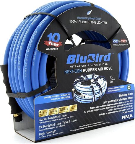 BLUBIRD BB1450 1/4" x 50' خرطوم هواء مطاطي، 100% مطاط، الأخف والأقوى والأكثر مرونة، 300 رطل لكل بوصة مربعة، 50F إلى 190F درجة، مقاوم للأوزون، بوليستر مضفر عالي القوة in Kuwait