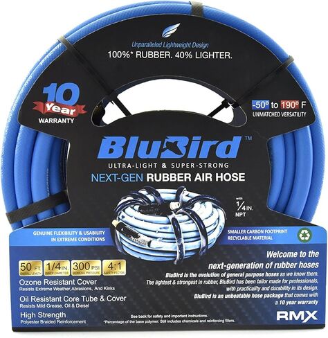 BLUBIRD BB1450 1/4" x 50' خرطوم هواء مطاطي، 100% مطاط، الأخف والأقوى والأكثر مرونة، 300 رطل لكل بوصة مربعة، 50F إلى 190F درجة، مقاوم للأوزون، بوليستر مضفر عالي القوة in Kuwait
