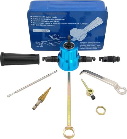 قاض صفائح معدنية مزدوجة الرأس، ملحق مثقاب كهربائي مع ثقب وقالب اضافي، ملحقات قطع منحنية مستقيمة ودائرية ولقمة مثقاب متدرج، قاضم صفائح معدنية 360 درجة in Kuwait