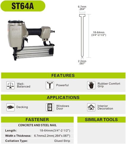 مسدس أظافر خرساني هوائي من ميتي لتثبيت شرائط الفرو على الجدران، مقاس 14 مسمار خرساني T هوائي شديد التحمل، يستخدم 14 مقياسًا 3/4 بوصة إلى 2-1/2 بوصة مسامير خرسانية T in Kuwait