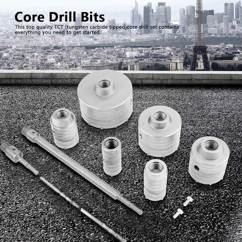 Core Drill Bit Set, 10Pcs TCT Concrete Hole Saw Kit SDS Plus Extension Shank Tungsten Masonry Wall Hole Cutters for Drilling Brick Concrete Cement Stone Granite Marble in Kuwait