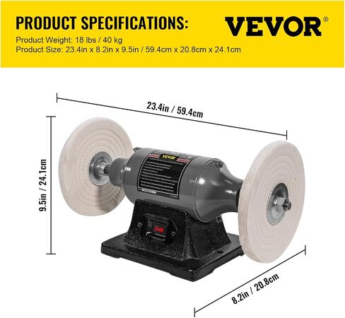 VEVOR Bench Buffer Polisher، آلة تلميع 8 بوصة، محرك 350W 3/4HP مع 3600 دورة في الدقيقة، آلة تلميع مخرطة ثقيلة للمجوهرات، الخشب، الفضة، العنبر، المعدن، اليشم in Kuwait