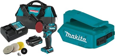 Makita VP01R1 12V max CXT Lithium‑Ion Brushless 3" Polisher / 2" Sander Kit (2.0Ah), ML103 12V max CXT Li-Ion Cordless L.E.D. Flashlight, & RM02 12V max CXT Lithium-Ion Cordless Compact Job Site Radio in Saudi Arabia