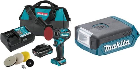 Makita VP01R1 12V max CXT Lithium‑Ion Brushless 3" Polisher / 2" Sander Kit (2.0Ah), ML103 12V max CXT Li-Ion Cordless L.E.D. Flashlight, & RM02 12V max CXT Lithium-Ion Cordless Compact Job Site Radio in Kuwait