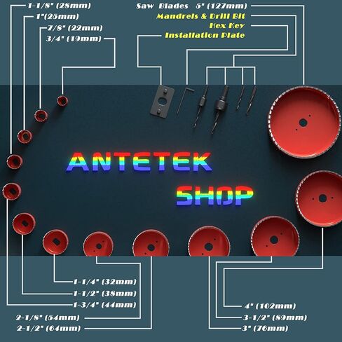 طقم منشار ثقب Antetek مكون من 19 قطعة من طقم منشار ثقب مع 13 قطعة شفرات منشار 3/4 بوصة - 6 بوصة (19-127 مم)، 2 مغزل، 2 لقمة ثقب، 1 لوحة تثبيت، 1 مفتاح سداسي، الحد الأقصى للحجم 5 بوصة والحد الأدنى للحجم 3/4 "، مثالية للخشب العادي، ولوحة الكثافة، ولوحة الأل in Kuwait
