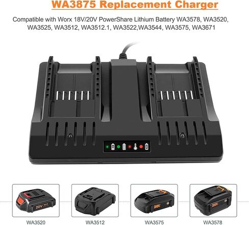 شاحن بطارية WA3875 ثنائي المنفذ Worx 20V لبطاريات Worx 18/20 فولت ماكس ليثيوم PowerShare WA3578 WA3525 WA3520 WA3575 WA3512 WA3742 WA3881 أدوات كهربائية ليثيوم أيون in Saudi Arabia