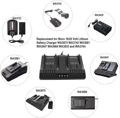 شاحن بطارية WA3875 ثنائي المنفذ Worx 20V لبطاريات Worx 18/20 فولت ماكس ليثيوم PowerShare WA3578 WA3525 WA3520 WA3575 WA3512 WA3742 WA3881 أدوات كهربائية ليثيوم أيون in Saudi Arabia
