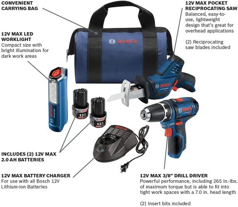 BOSCH Power Tools Combo Kit GXL12V-310B22 - 12V Max 3-Tool Set with 3/8 In. Drill/Driver, Pocket Reciprocating Saw and LED Worklight in Saudi Arabia
