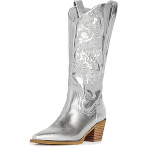 Women's Cowgirl Boots Embroidered Cowboy Pointed Chunky Block Heel Western Vintage Mid-calf Boots in Saudi Arabia
