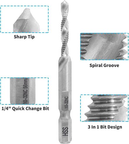 Bonsicoky 6 Pcs Combination Tap and Drill Bit Set | Titanium Coated HSS Thread Tap Drill Bits, M3 M4 M5 M6 M8 M10 Metric Sizes, 1/4 Inch Hex Shank in Saudi Arabia