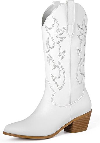 MUCCCUTE Women's Cowboy Embroidered Western Cowgirl Mid Calf Boots, Pointed Toe Medium Chunky Heel 5cm Stitching Pull-on Boots in Saudi Arabia
