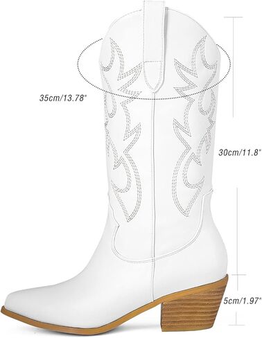 MUCCCUTE Women's Cowboy Embroidered Western Cowgirl Mid Calf Boots, Pointed Toe Medium Chunky Heel 5cm Stitching Pull-on Boots in Saudi Arabia