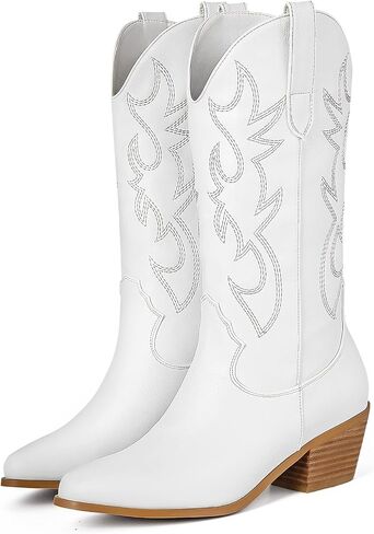 MUCCCUTE Women's Cowboy Embroidered Western Cowgirl Mid Calf Boots, Pointed Toe Medium Chunky Heel 5cm Stitching Pull-on Boots in Saudi Arabia