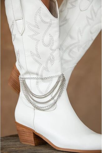 MUCCCUTE Women's Cowboy Embroidered Western Cowgirl Mid Calf Boots, Pointed Toe Medium Chunky Heel 5cm Stitching Pull-on Boots in Saudi Arabia