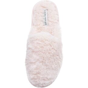 Laura Ashley Womens Plush Faux Rabbit Fur One Band Memory Foam Slide Slippers, Warm Fuzzy Fluffy Open Toe Slides