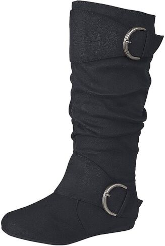 Forever Link Women's Closed Round Toe Buckle Slouch Flat Heel Mid-Calf Boot in Saudi Arabia