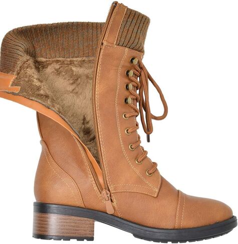 أحذية DREAM PAIRS النسائية الشتوية برباط حتى منتصف الساق العسكرية لركوب الخيل in Kuwait