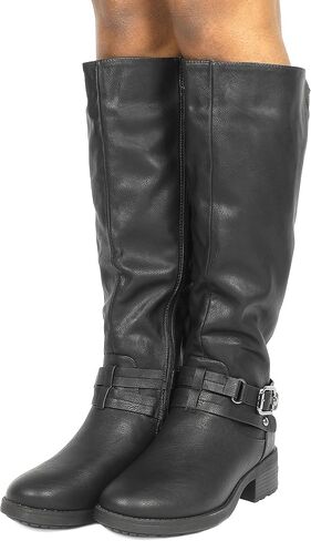 DREAM PAIRS Women's Knee High Buckle Riding Boots | Cozy Warm Faux Fur Lining,Fall Winter Boots,Wide Calf,1.25" Low Block Heel,Zipper,Faux Leather in Saudi Arabia