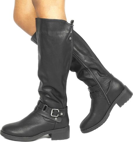 DREAM PAIRS Women's Knee High Buckle Riding Boots | Cozy Warm Faux Fur Lining,Fall Winter Boots,Wide Calf,1.25" Low Block Heel,Zipper,Faux Leather in Saudi Arabia
