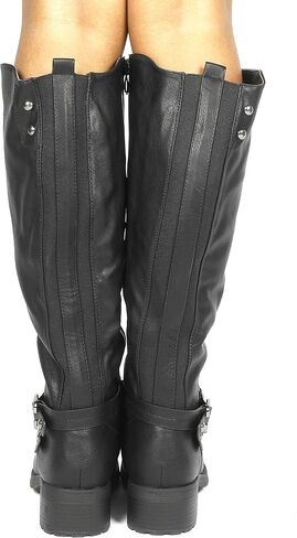 DREAM PAIRS Women's Knee High Buckle Riding Boots | Cozy Warm Faux Fur Lining,Fall Winter Boots,Wide Calf,1.25" Low Block Heel,Zipper,Faux Leather in Saudi Arabia