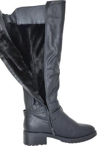 DREAM PAIRS Women's Knee High Buckle Riding Boots | Cozy Warm Faux Fur Lining,Fall Winter Boots,Wide Calf,1.25" Low Block Heel,Zipper,Faux Leather in Saudi Arabia