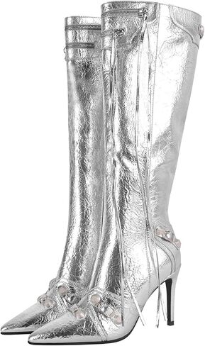 onlymaker Women's High Heel Ankle Boots With Zipper Metal Chains Stiletto Heel Fringed Tassels Pointed Toe Sexy Motorcycle Combat Booties in Kuwait