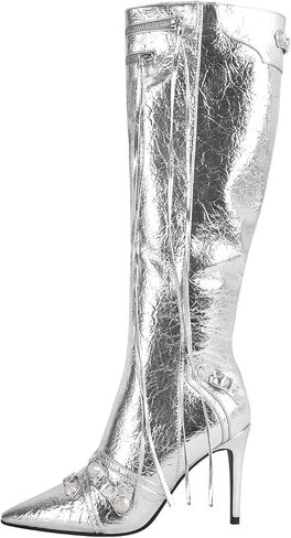 onlymaker Women's High Heel Ankle Boots With Zipper Metal Chains Stiletto Heel Fringed Tassels Pointed Toe Sexy Motorcycle Combat Booties in Kuwait