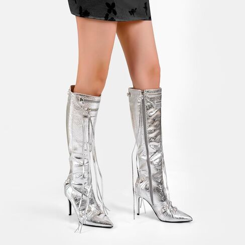 onlymaker Women's High Heel Ankle Boots With Zipper Metal Chains Stiletto Heel Fringed Tassels Pointed Toe Sexy Motorcycle Combat Booties in Kuwait